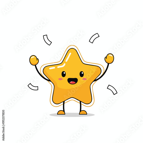 A cheerful yellow star with arms raised in celebration on a white background