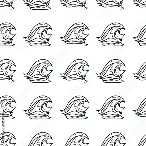 Repeating pattern of stylized black and white crashing waves on a white background