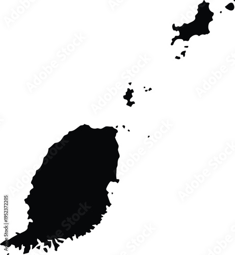 Black silhouette map of grenada and its dependencies on a white background for design.