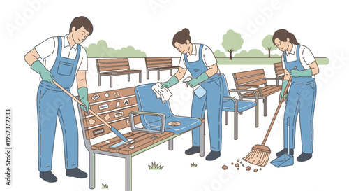 Park Maintenance Crew Cleaning Benches Outdoors.
