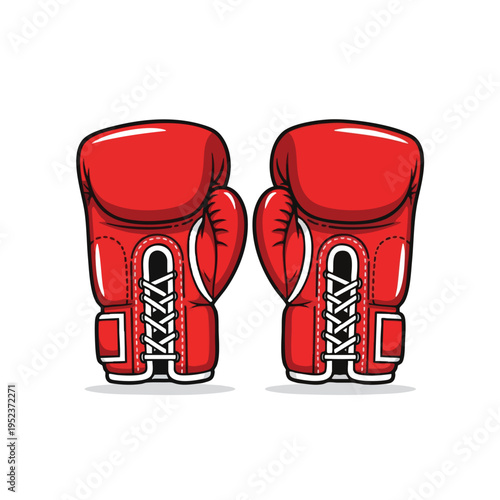 Pair of red boxing gloves with white laces and stitching