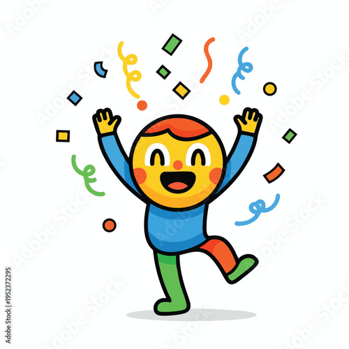 Joyful cartoon figure with arms up, celebrating with confetti and streamers
