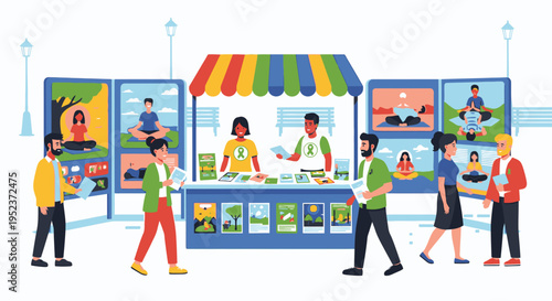 People browsing art at an outdoor market stall.