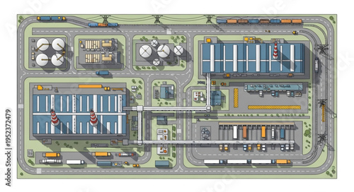 Overhead View of Industrial Complex with Storage Tanks and Buildings.