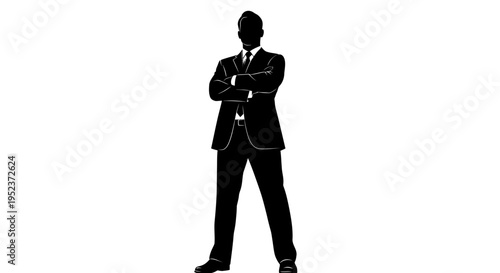Silhouette of a confident businessman in a suit with arms crossed, standing against a white background.