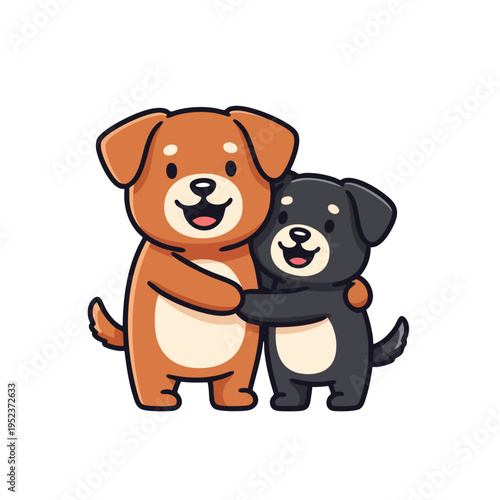 Two cute cartoon dogs, one brown and one black, hugging each other affectionately