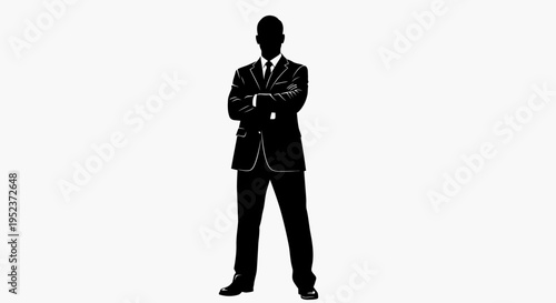 Silhouette of a confident businessman in a suit with arms crossed, standing against a white background.