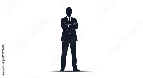 Silhouette of a confident businessman in a suit with arms crossed, standing against a white background.