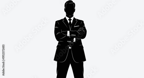 Silhouette of a confident businessman in a suit with arms crossed, symbolizing success and authority.