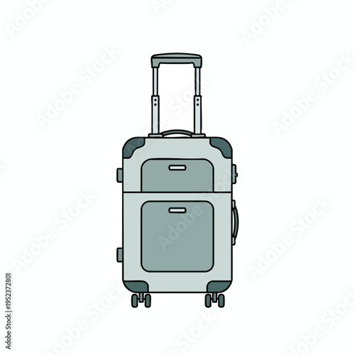 A light grey wheeled suitcase with a retractable handle and two front pockets