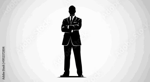 Silhouette of a confident businessman in a suit, arms crossed, standing against a gradient background.