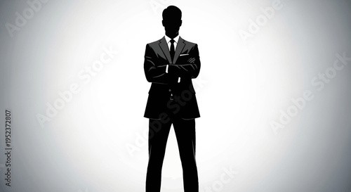 Silhouette of a confident businessman in a suit, arms crossed, against a grey background