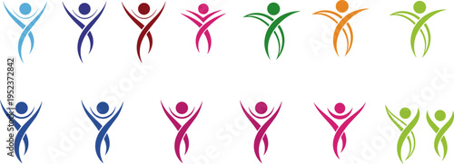 Abstract human figures logo set colorful people icons celebrating success unity wellness fitness concept modern vector illustration isolated collection