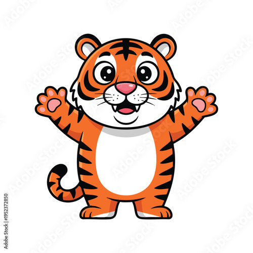 Cute cartoon tiger with arms raised, smiling widely