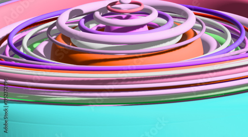 Abstract 3D background featuring colorful stacked concentric rings and geometric layers, modern creative design element with pastel pink, purple, orange and teal palette, close-up view
