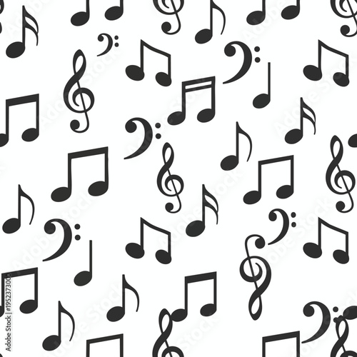 A repeating pattern of black music notes and clefs on a white background