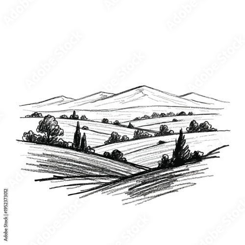 Sketch of rolling hills with trees, fields, and distant mountains