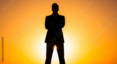 Silhouette of a confident businessman standing with arms crossed against a vibrant sunset.