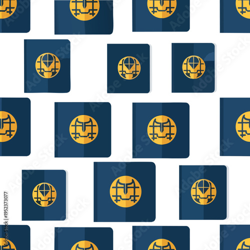 A seamless pattern of navy blue passports with a golden globe emblem on white