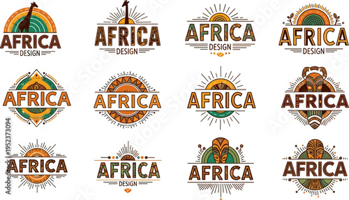 African tribal logo collection, ethnic mask giraffe sunburst geometric ornament vintage safari culture pattern badge emblem boho decorative vector set
