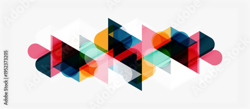 Abstract geometric shapes overlap, creating colorful patterns. Minimalist design with translucent elements, modern aesthetic.