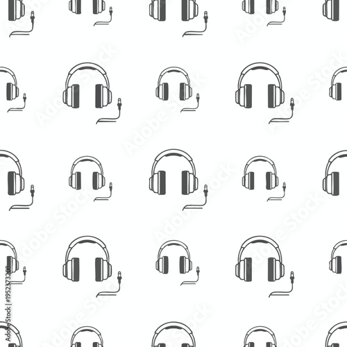 Repeating pattern of minimalist headphones with wires on a white background