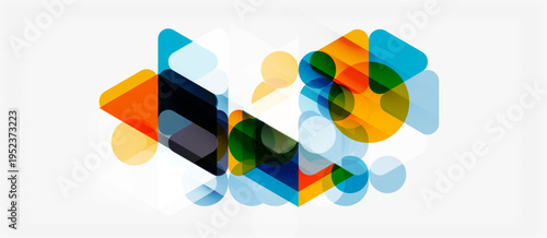 Abstract geometric shapes overlap, creating vibrant color blends. Composition features translucent squares, circles, triangles. Modern design.