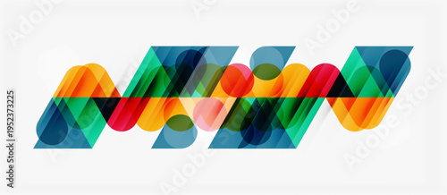 Abstract colorful shapes overlap creating dynamic pattern. Bright hues blend, forming modern visual experience.