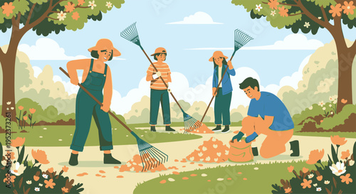 People raking leaves in autumn park scene.