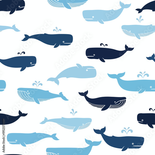 Seamless pattern of stylized whales in various shades of blue and navy against a white background