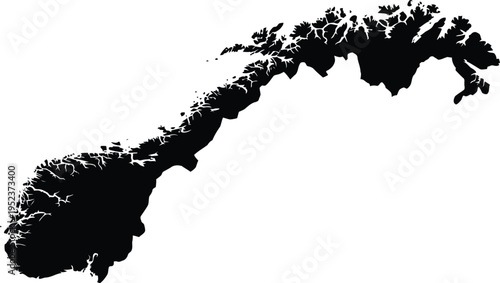 Black silhouette map of norway isolated on a white background with detailed coastline.