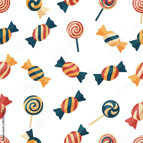 A vibrant, flat illustration pattern of assorted retro-style wrapped candies and lollipops