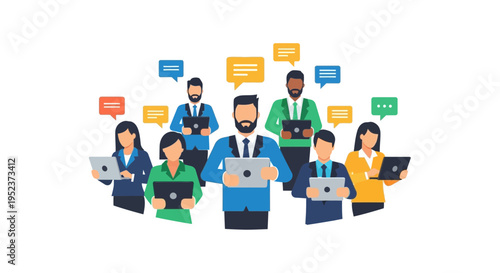 Diverse group of professionals with speech bubbles discussing digital concepts