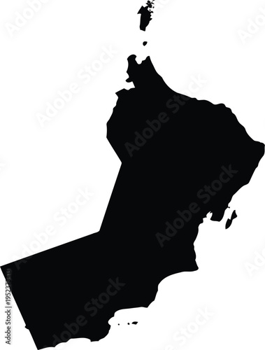 A black silhouette map of the country of oman isolated on a plain white background.
