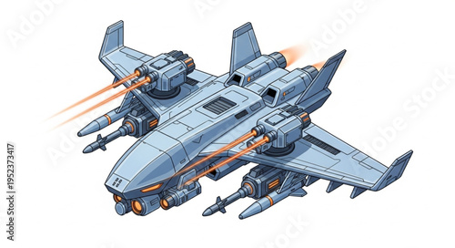 Detailed illustration of a futuristic spaceship with advanced weaponry and intricate design elements.