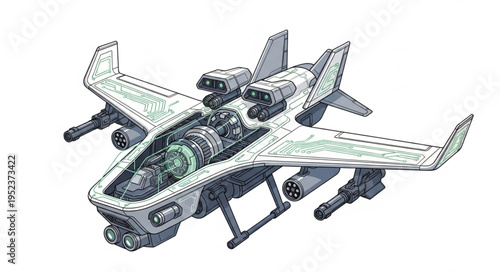 Detailed illustration of a futuristic military aircraft with advanced weaponry systems.