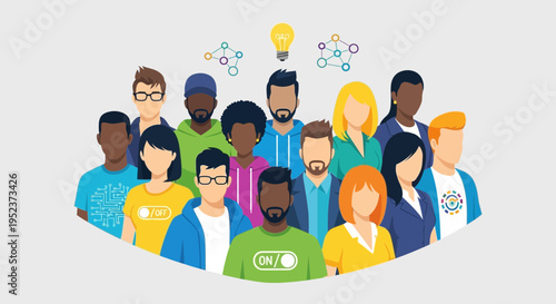 Diverse group of people with idea bulb representing teamwork collaboration