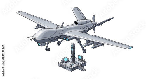 High-altitude unmanned aerial vehicle with advanced surveillance capabilities and weaponry.