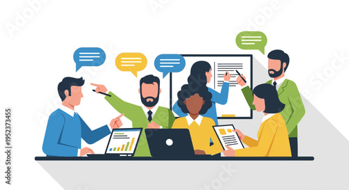 Diverse team collaborating in a meeting with thought bubbles