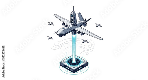 Futuristic aircraft design with advanced technology and energy beam.