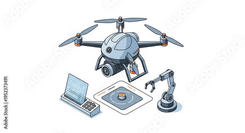 Advanced drone technology and robotic arm for industrial automation and innovation.
