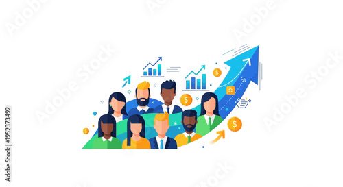 Diverse team with growth arrow and financial charts illustrating success