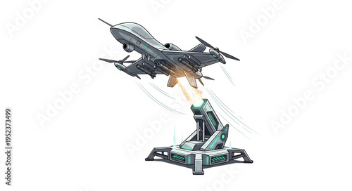 Futuristic aircraft launching from a technological base with energy beam.