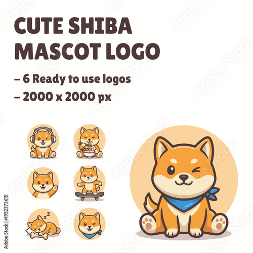 Adorable collection of Shiba Inu mascots in playful poses, showcasing cuteness and charm, perfect for a fun brand or product aimed at pet lovers and youth culture.