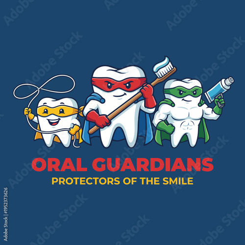 The image features playful tooth superhero characters ready to promote dental health, emphasizing fun and protection, perfect for children’s oral hygiene materials.