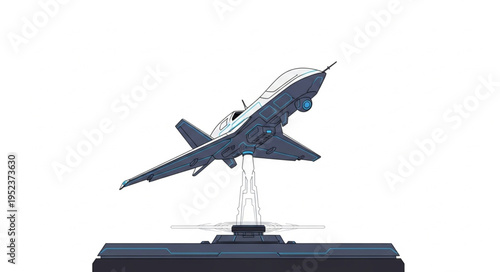 Detailed model of a fighter jet displayed on a stand, isolated.