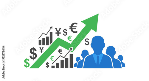 Financial growth concept arrow rising with currency symbols and business people