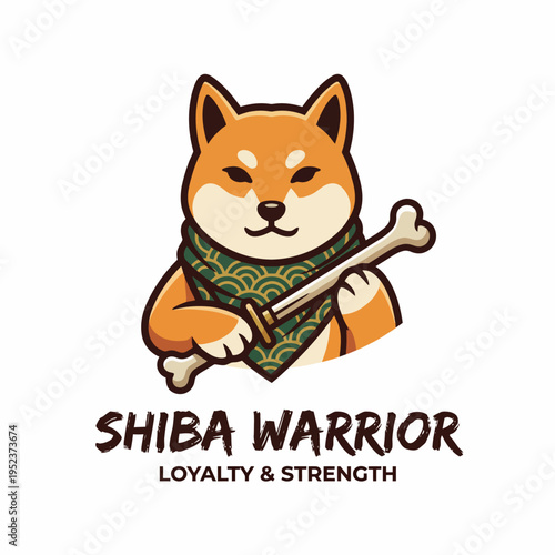 The image features a Shiba Inu dressed as a warrior, holding a bone, symbolizing loyalty and strength, perfect for animal lovers or pet-themed projects.