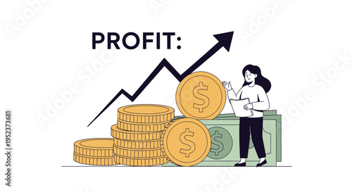 Financial growth concept woman coins bills and increasing arrow