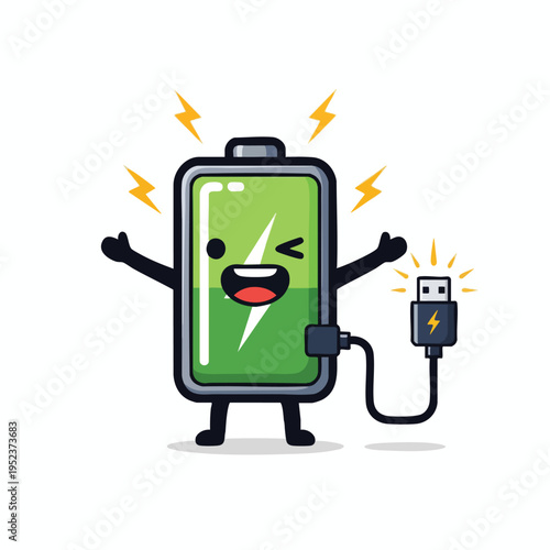Cartoon battery character happily charging via USB with lightning bolts